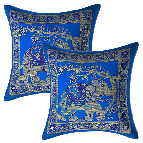 Set of 5 Ethnic Pillow Cover 16x16 Blue Brocade Elephant Cushion Covers