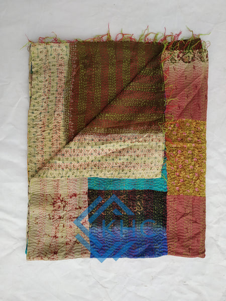 Indian Handmade Set Of 5  Vintage Patchwork Kantha Silk Scarves