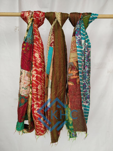 Indian Handmade Set Of 5  Vintage Patchwork Kantha Silk Scarves