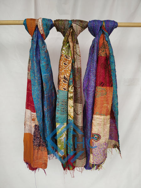 Indian Handmade Kantha Patchwork Silk Scarves Lot Of 5 Pcs