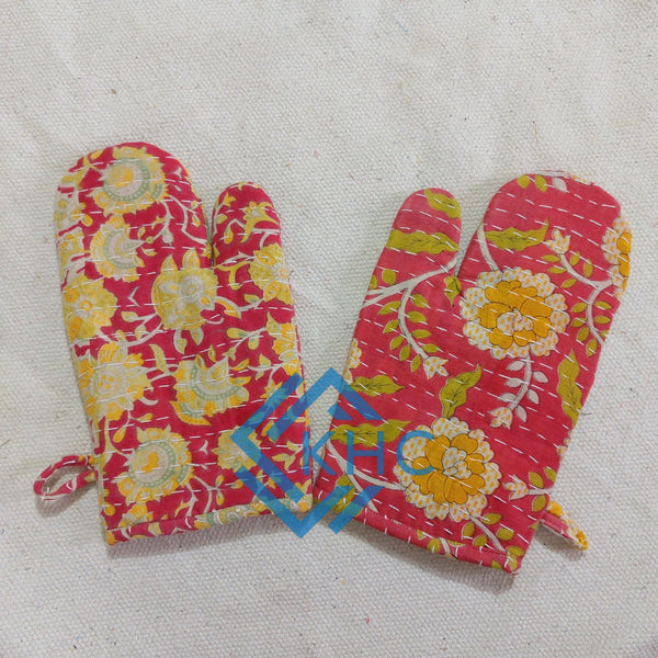 Set Of 2 Indian Handmade Kantha Kitchen Oven Mitts Gloves