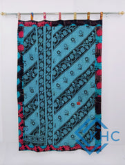 Indian Handmade Kantha Quilted 100% Cotton Fusion Blue Curtain